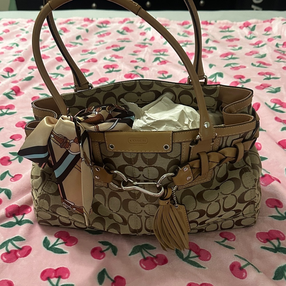 Coach Tan and Brown Signature Shoulder Bag